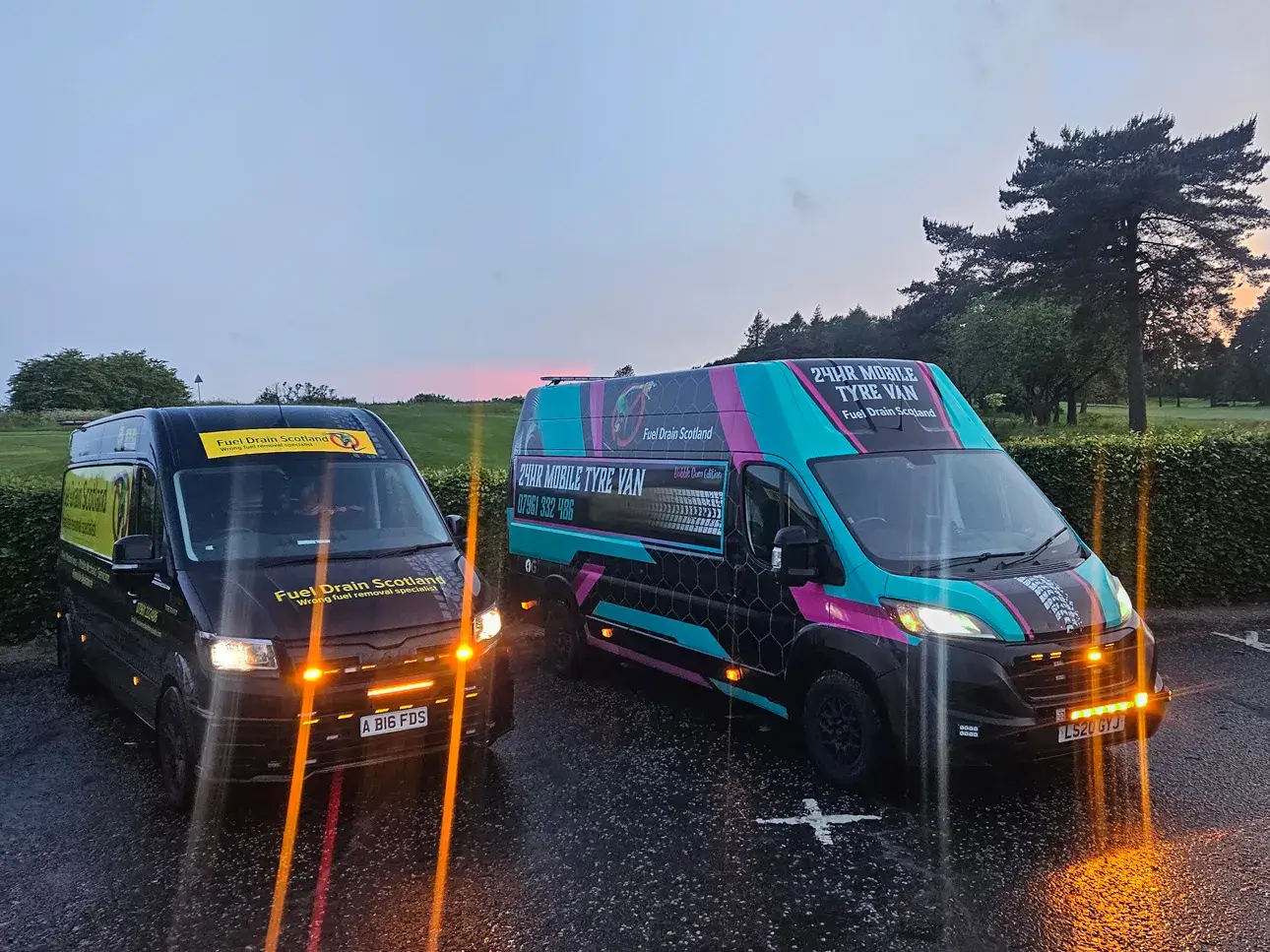 Two Fuel Drain Scotland service vans parked together in Fife.